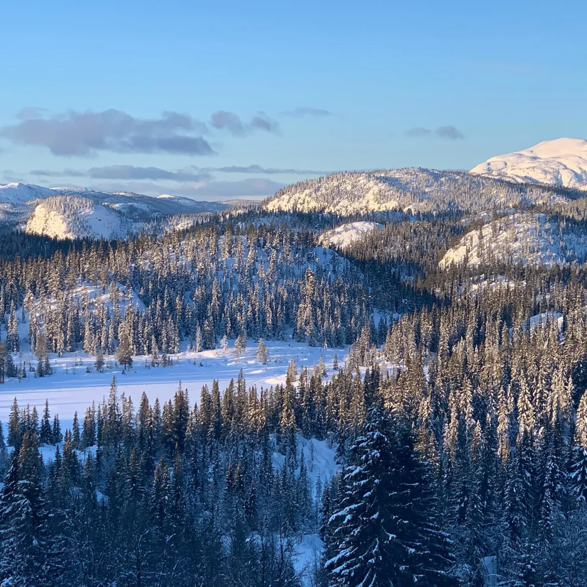Blick auf den Nottvatn mit Rust in der Ferne. Der Rønjomnuten ragt in die Höhe. Für den Winter gekleidet in Vetrhus im Åmotsdal